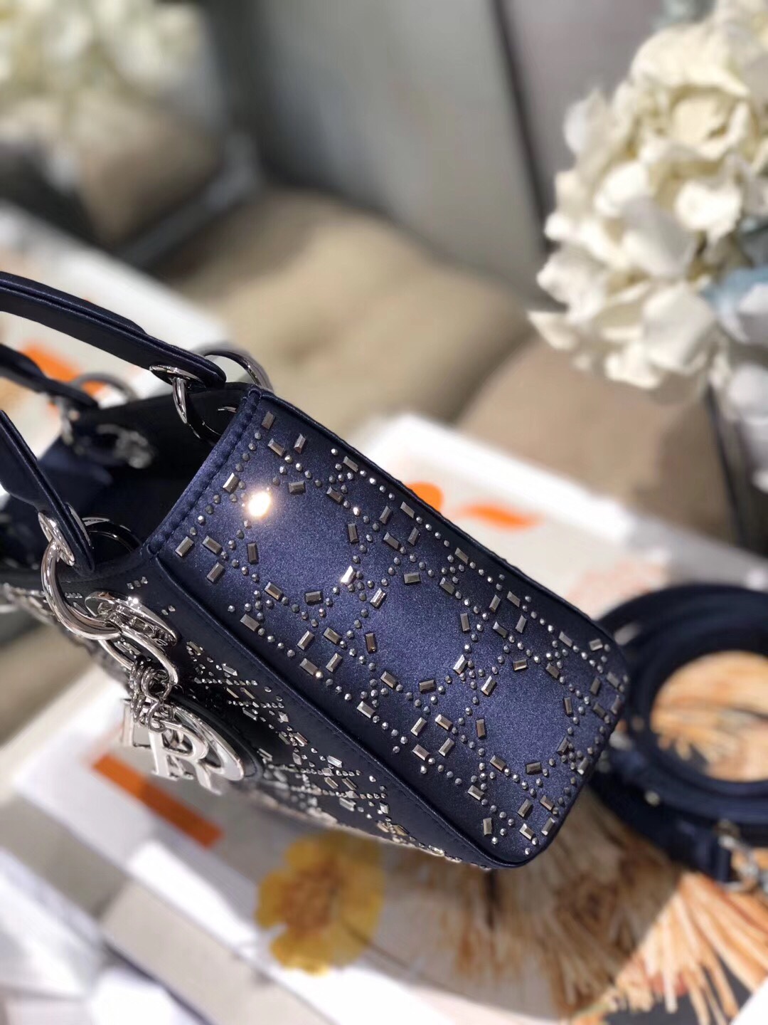 Mini Lady Dior Bag Deep Blue Strass Cannage Satin